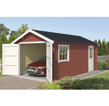 Garage aus Holz mit Fenster und Seitentür sowie einem darin geparkten Auto