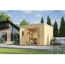 Modernes Gartenhaus aus Holz mit geöffneten Doppeltüren und Regal im Innenraum
