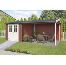 Holzgartenhaus mit überdachter Terrasse und Gartenmöbeln im Außenbereich