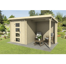 Gartenhaus mit überdachter Terrasse und Glastür