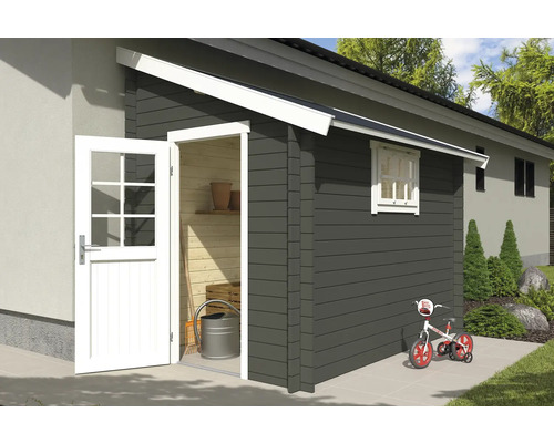 Gartenhaus mit geöffneter Tür, Fenster und Kinderrad