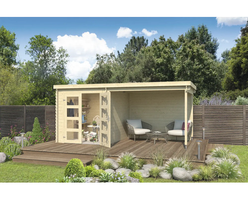 Gartenhaus Outdoor Life Long Beach inkl. Anbaudach mit Rückwand 492,2 x 254,9 cm natur Holzgartenhaus mit Terrasse im Garten