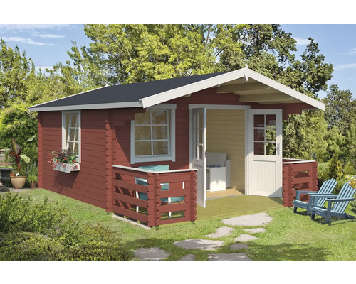 Gartenhaus Outdoor Life Luna 2 inkl. Fußboden, Terrasse, Blumenkasten 403,8 x 530 cm schwedischrot Holzgartenhaus mit Terrasse und Gartenmöbeln im Grünen