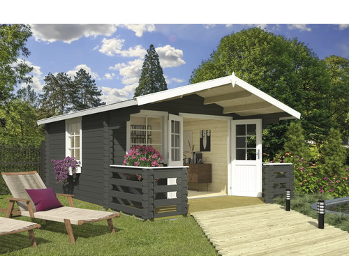 Gartenhaus Outdoor Life Luna 2 inkl. Fußboden, Terrasse, Blumenkasten 403,8 x 530 cm graugrün Holzgartenhaus mit Terrasse, Gartenmöbeln und Bepflanzung in einem grünen Garten