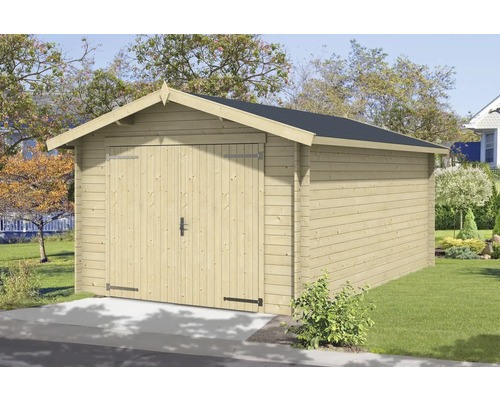 Holzgarage mit Doppeltür und Satteldach im Garten