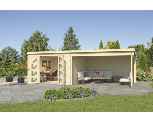 Gartenhaus mit geöffneten Türen, Büroeinrichtung und Lounge-Bereich im Freien