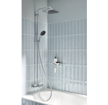 Aufnahme einer Dusche mit Kopfbrause, Handbrause und Thermostatarmatur im Badezimmer.