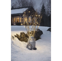 Dekorative Äste mit Lichterkette in einer Milchkanne im Schnee
