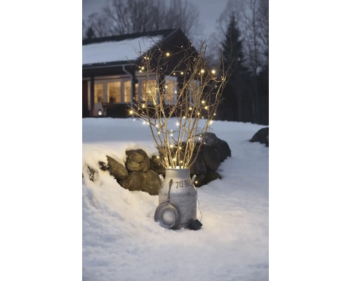 Dekorative Äste mit Lichterkette in einer Milchkanne im Schnee