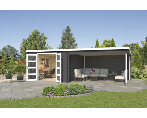 Gartenhaus Outdoor Life New Orleans inkl. Dachanbau mit Rückwand 730 x 359,1 cm carbongrau Gartenhaus mit Büro und Lounge Bereich auf Terrasse