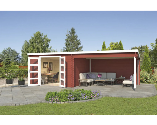 Gartenhaus Outdoor Life New Orleans inkl. Dachanbau mit Rückwand 730 x 359,1 cm schwedischrot Holzgartenhaus mit Büro und Lounge Bereich im Außenbereich