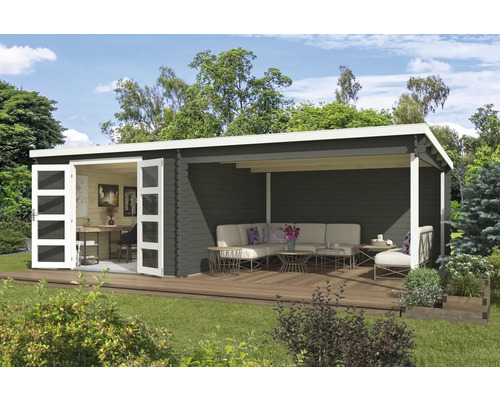 Gartenhaus Outdoor Life New Orleans inkl. Dachanbau mit Rückwand 730 x 359,1 cm graugrün Holzgartenhaus mit überdachter Terrasse und Büroraum im Garten
