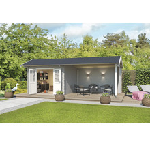 Gartenhaus mit Terrasse, Gartenmöbeln und Inneneinrichtung im Garten