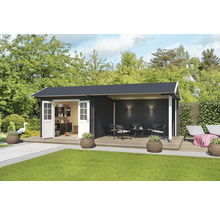 Gartenhaus mit Terrasse, Gartenmöbeln und Inneneinrichtung in einem gepflegten Garten