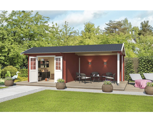 Gartenhaus Outdoor Life New York inkl. Dachanbau mit Rückwand 720 x 389,3 cm schwedischrot Holzgartenhaus mit Terrasse, Gartenmöbeln und Geräteschrank im Garten