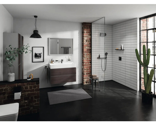 Badezimmer mit Waschtisch, Spiegel, Dusche, Toilette und Dekorationen im modernen Stil