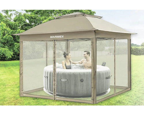 Marimex Pavillon mit Intex Whirlpool und zwei Personen im Garten