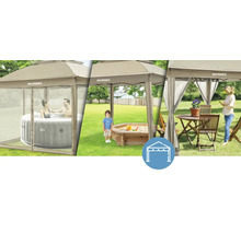 Marimex Pavillon mit Familie im Whirlpool, Kind im Sandkasten und Frau mit Gartengarnitur