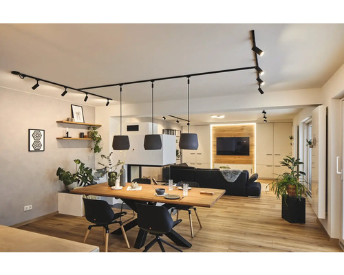 Wohnzimmer mit Esstisch, Stühlen, Beleuchtungssystem und Dekoration