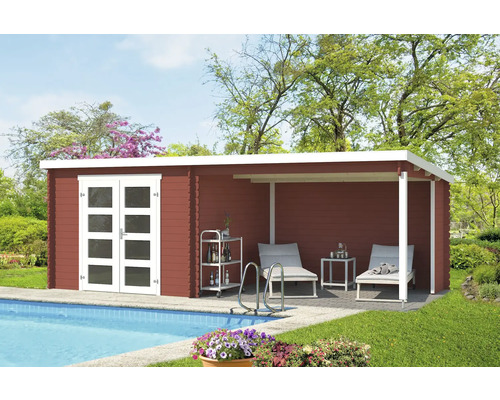 Gartenhaus Outdoor Life Novia Plus inkl. Dachanbau mit Rückwand 620 x 308,9 cm schwedischrot Gartenhaus aus Holz mit Terrasse am Pool