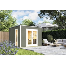 Graues Gartenhaus mit Doppeltür und Fenster auf einer Gartenterrasse