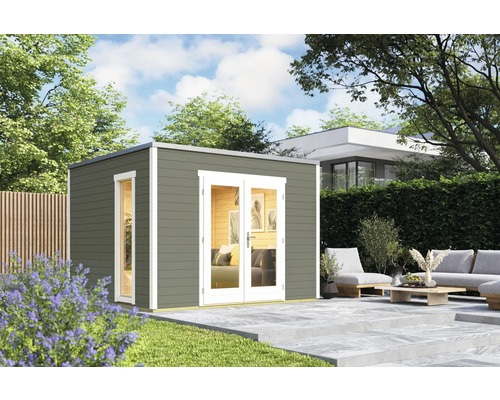 Graues Gartenhaus mit Doppeltür und Fenster auf einer Gartenterrasse
