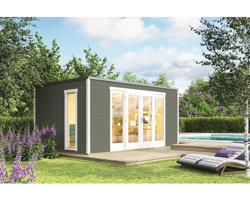 Modernes Gartenhaus aus Holz mit Fenster und Doppeltür, auf einer Rasenfläche.