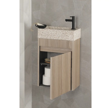 Waschtischkombination mit offenem Unterschrank, Waschbecken, Armatur, Seifenschale, Bürste und Toilettenpapier