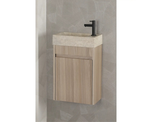 Waschtisch mit Unterschrank, Armatur und Holzstruktur