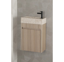 Waschtisch mit Unterschrank, Waschtischplatte im Terrazzo-Stil und schwarzer Armatur