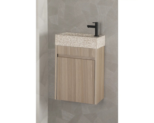 Waschtisch mit Unterschrank, Waschtischplatte im Terrazzo-Stil und schwarzer Armatur