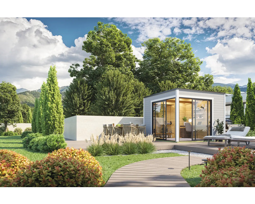 Modernes Gartenbüro mit Terrasse, Gartenmöbeln und üppiger Bepflanzung