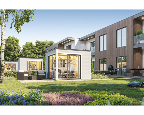 Gartenlandschaft mit Gartenhäusern, Rasen und Gartenmöbeln