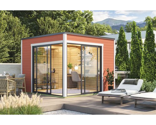Gartenhaus Outdoor Life Palermo 3 inkl. Fußboden 300 x 302,5 cm schwedischrot Modernes Gartenhaus mit Schiebetüren und Außenterrasse in einem grünen Garten.