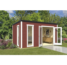Modernes Gartenhaus mit Fenster und Doppeltür in einem gepflegten Garten