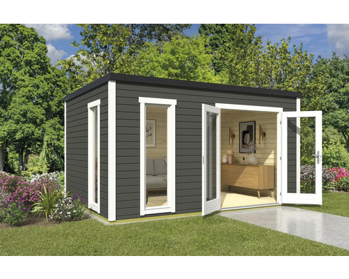 Modernes Gartenhaus mit Doppeltür und Fenstern im Garten