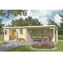 Gartenhaus mit überdachter Terrasse, Gartenmöbeln und blühendem Blumengarten