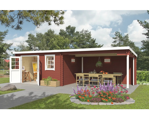 Gartenhaus Outdoor Life Reno inkl. Dachanbau mit Rückwand 780 x 313,9 cm schwedischrot Holzgartenhaus mit überdachter Terrasse und offenstehenden Türen