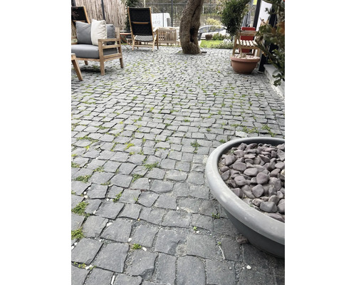 Außenbereich mit Pflastersteinen und Gartenmöbeln