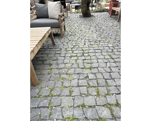 Außenbereich mit Pflastersteinen und Gartenmöbeln