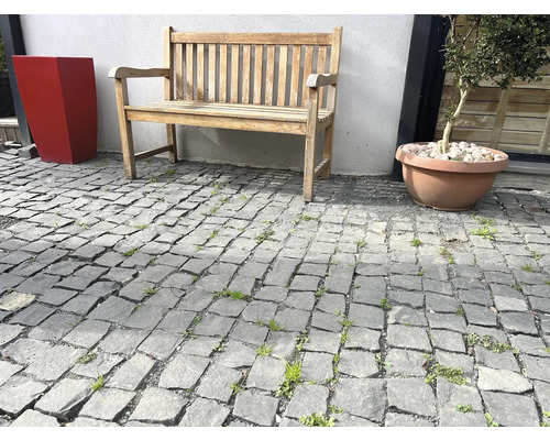 Außenbereich mit Steinpflaster, Holzbank und Pflanzkübeln