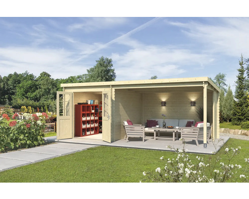Holzgartenhaus mit offenem Wohnbereich und Lagerraum im Garten