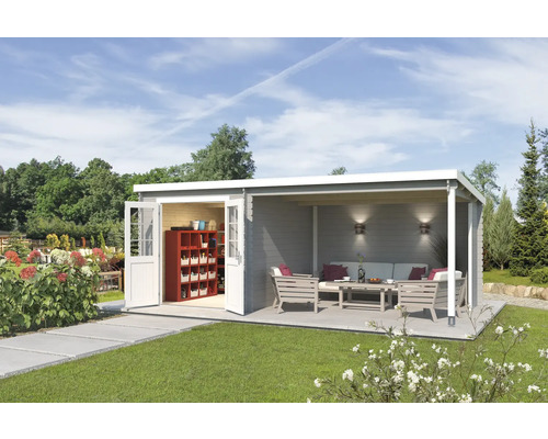 Gartenhaus Outdoor Life Saint Paul inkl. Dachanbau mit Rückwand 590 x 303,9 cm hellgrau Holz Gartenhaus mit Terrasse, Gartenmöbeln und Regal für Gartengeräte