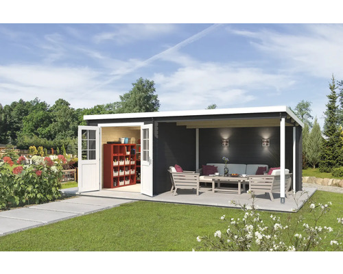 Gartenhaus Outdoor Life Saint Paul inkl. Dachanbau mit Rückwand 590 x 303,9 cm carbongrau Modernes Gartenhaus mit Terrasse und offenstehenden Doppeltüren.