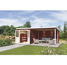 Modernes Gartenhaus mit Terrasse und offenstehenden Türen in einem Garten