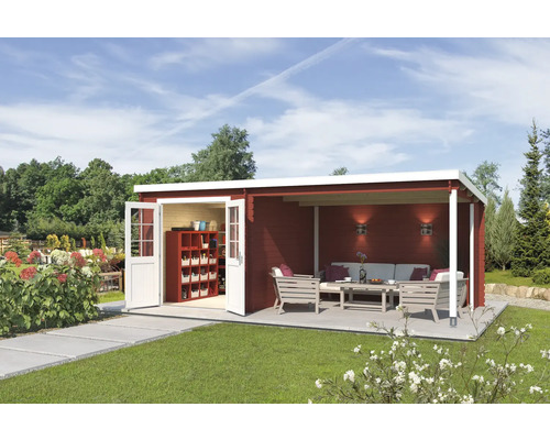 Gartenhaus Outdoor Life Saint Paul inkl. Dachanbau mit Rückwand 590 x 303,9 cm schwedischrot Modernes Gartenhaus mit Terrasse und offenstehenden Türen in einem Garten