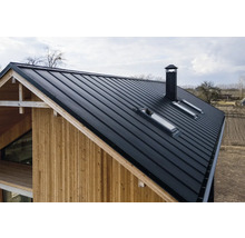 Haus mit Metalldach, Dachfenstern und Schornstein.