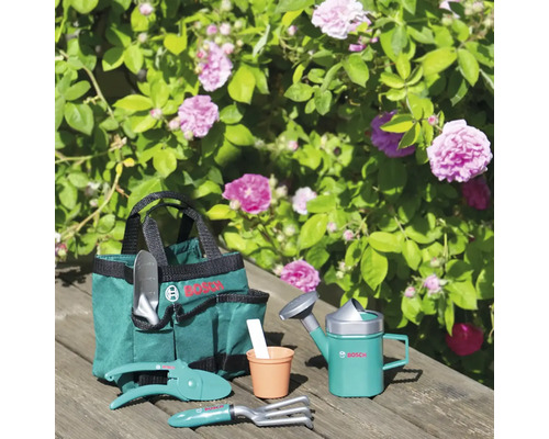 Bosch Logo Kinder-Gartenset mit Tasche, Schaufel, Harke, Gartenschere und Gießkanne