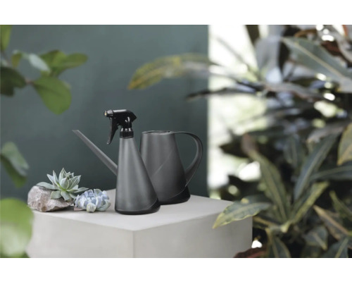 Gießkanne und Sprühflasche für Pflanzen auf einem Sockel