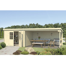 Gartenhaus mit überdachtem Sitzbereich, Holztisch, Bank und Grill